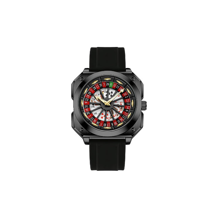 FIRLE Roulette Wheel Men‘s Watches Gambling Rotating Dial Poker Square Silicone Rubber Strap Unique Watch Creative Eye Catching Cool Mens Business Watches