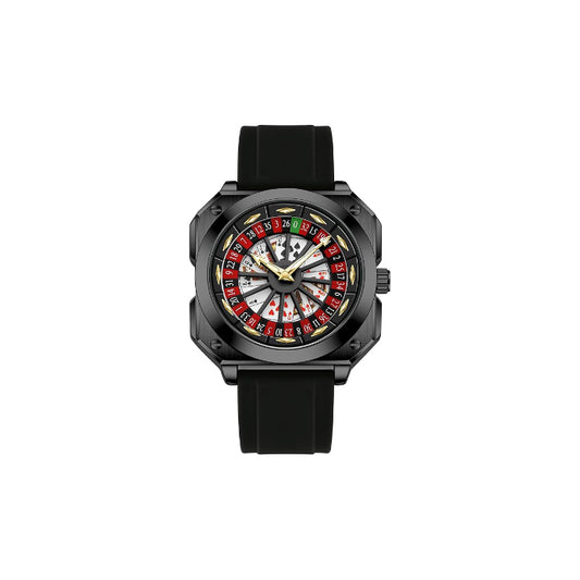 FIRLE Roulette Wheel Men‘s Watches Gambling Rotating Dial Poker Square Silicone Rubber Strap Unique Watch Creative Eye Catching Cool Mens Business Watches