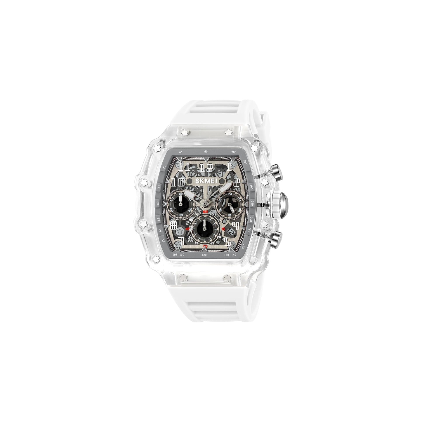 FIRLE Fashion Hollowed Men Watches Tonneau Transparent Silicone Strap Skull Big Face 50M Waterproof Chronograph Calendar Analog Display Quartz Male Wrist Watch